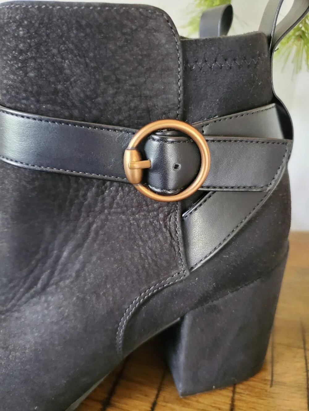 Vionic Tenley Square Toe Black Suede Ankle Booties Strap Buckle